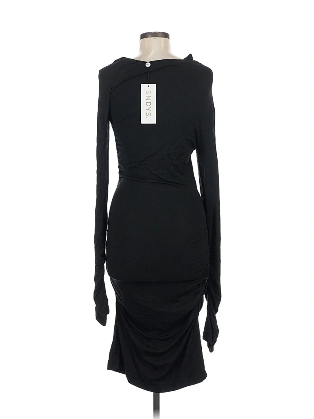 SNDYS Black Ruched Bodycon Midi Dress Long Sleeve Open Back Size Medium